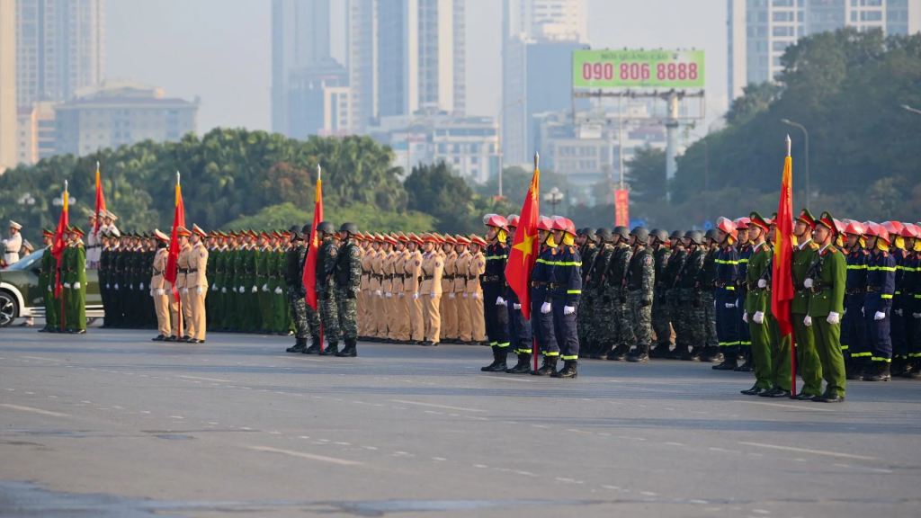 Các lực lượng tham gia Lễ xuất quân và diễn tập các phương án bảo vệ an ninh trật tự phục vụ Đại hội đại biểu toàn quốc lần thứ XIV của Đảng. (Ảnh: Thế Đại)