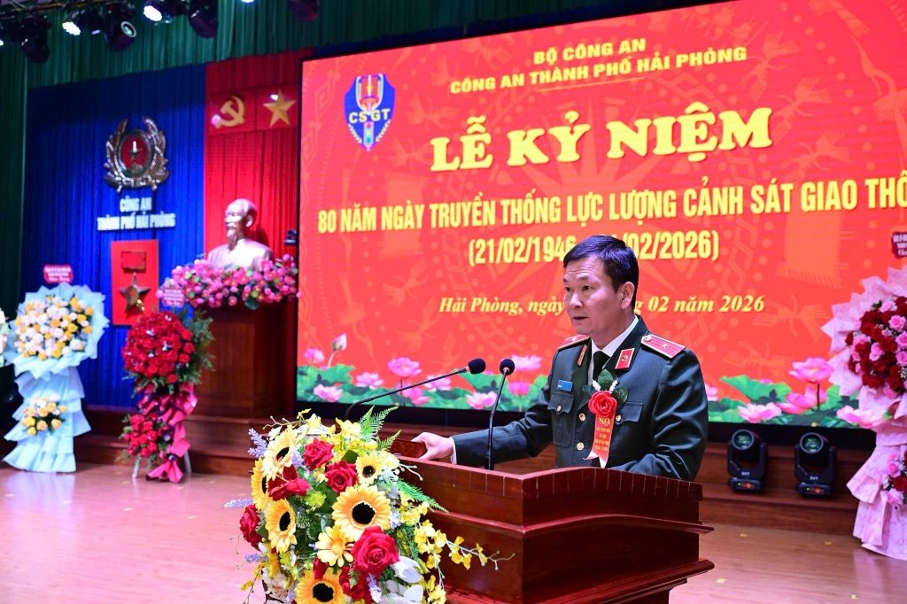 Thiếu tướng Bùi Quang Bình – Bí thư Đảng uỷ, Giám đốc Công an thành phố Hải Phòng phát biểu chỉ đạo tại Lễ kỷ niệm
