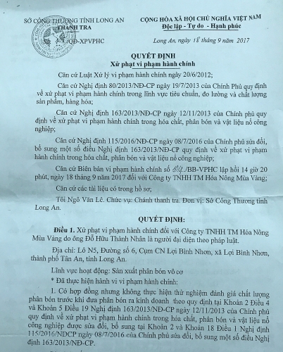 Cty Hóa Nông Mùa Vàng liên tiếp bị xử lý vì sản xuất phân bón kém chất lượng