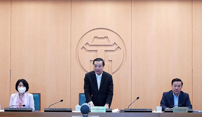 Chủ tịch UBND TP Chu Ngọc Anh phát biểu tại hội nghị trực tuyến.