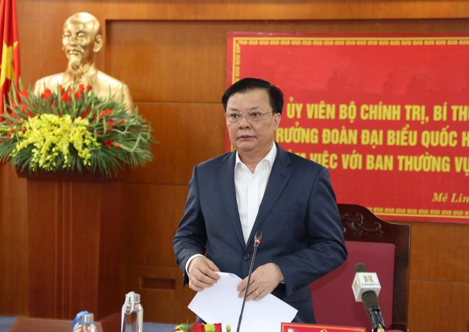 Bí thư Thành ủy Hà Nội Đinh Tiến Dũng phát biểu chỉ đạo tại cuộc làm việc