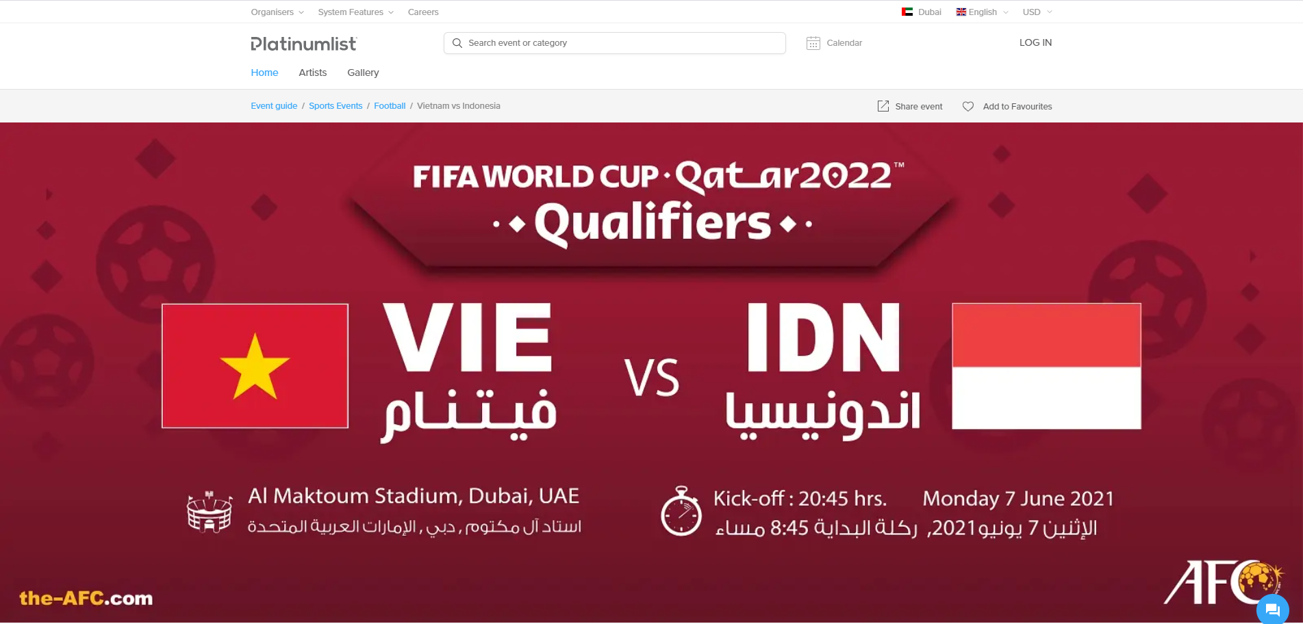Trang đặt vé online theo dõi trận đấu giữa đội tuyển Việt Nam và Indonesia ở UAE.