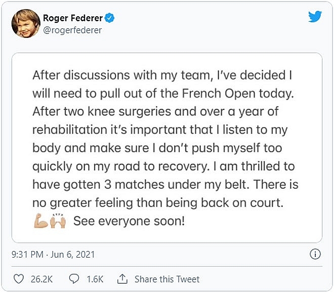 Roger Federer bất ngờ xin rút lui khỏi Roland Garros 2021