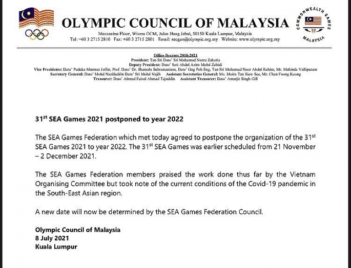 Văn bản thông báo từ Uỷ ban Olympic Malaysia 
