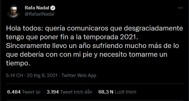 Rafael Nadal chính thức nghỉ hết mùa giải 2021