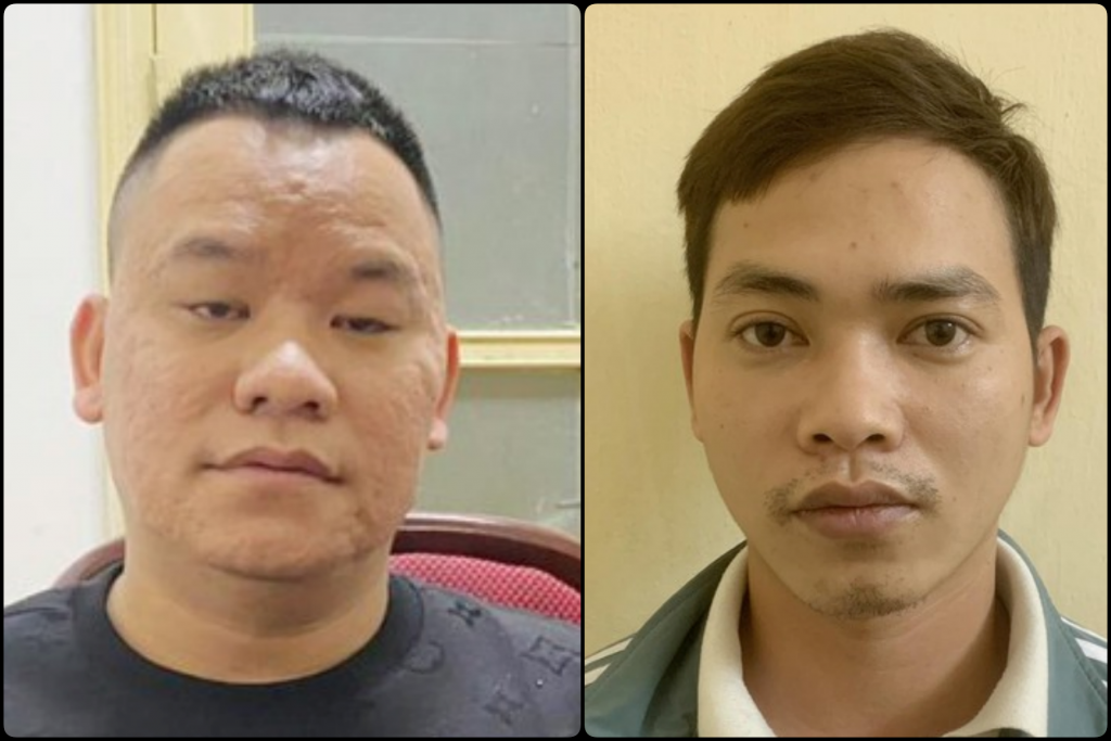 2 đối tượng làm giả, tiêu thụ hàng giả Đặng Viết Minh (trái) và Nguyễn Văn Chung (phải)  tại cơ quan Công an