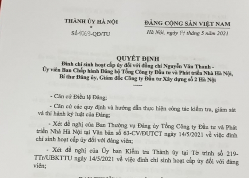 Đình chỉ sinh hoạt cấp ủy đối với ông Nguyễn Văn Thanh