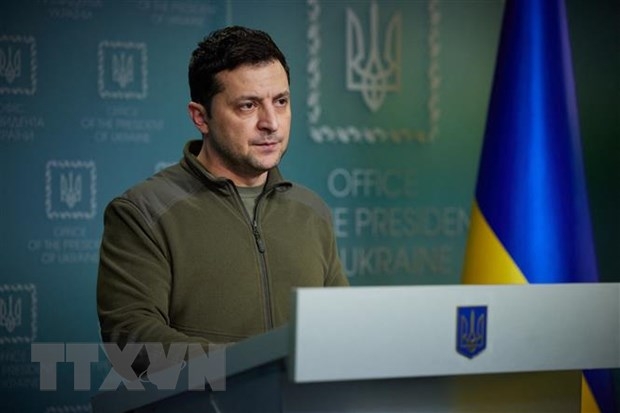 Tổng thống Ukraine Volodymyr Zelensky phát biểu tại thủ đô Kiev. (Ảnh: AFP/TTXVN)