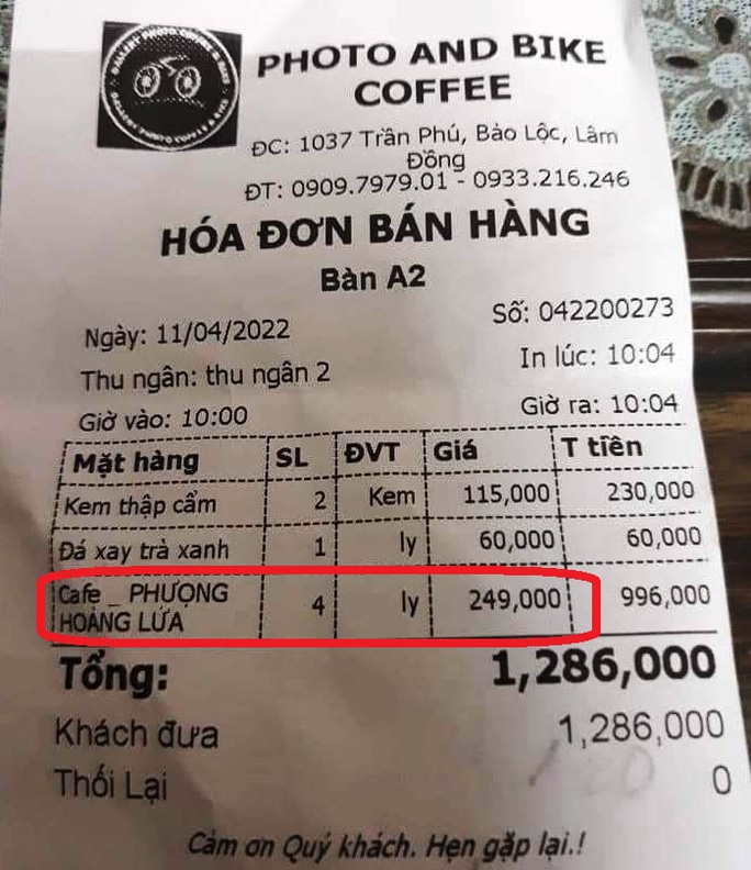 Xôn xao việc ly cà phê 249 nghìn đồng