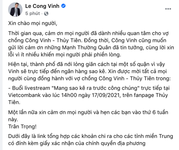 Công Vinh “tung” ngày giờ sao kê tiền từ thiện miền Trung