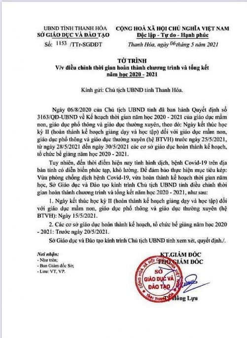 Sở GD&ĐT Thanh Hóa đã có tờ trình gửi Chủ tịch UBND tỉnh đề xuất được kết thúc năm học sớm 