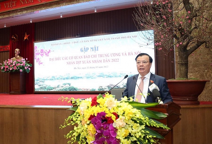 Bí thư Thành ủy Hà Nội Đinh Tiến Dũng phát biểu tại buổi gặp mặt