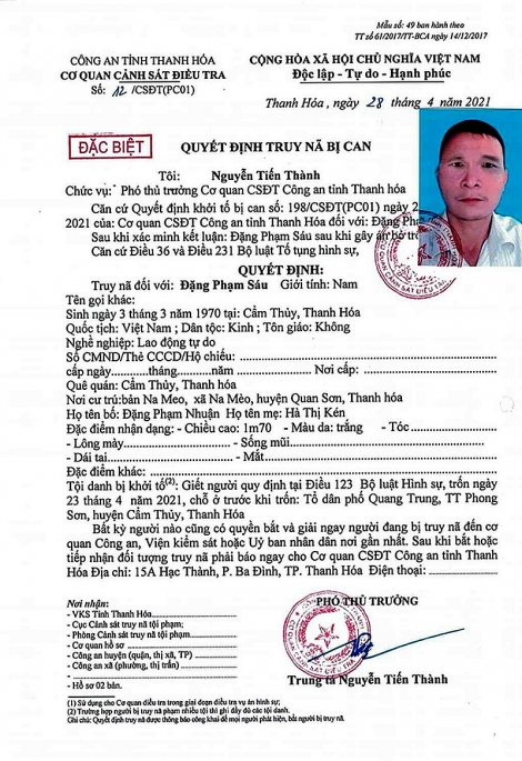 Quyết định truy nã kẻ sát hại con trai chủ tiệm cầm đồ ở huyện Cẩm Thủy, tỉnh Thanh Hóa.