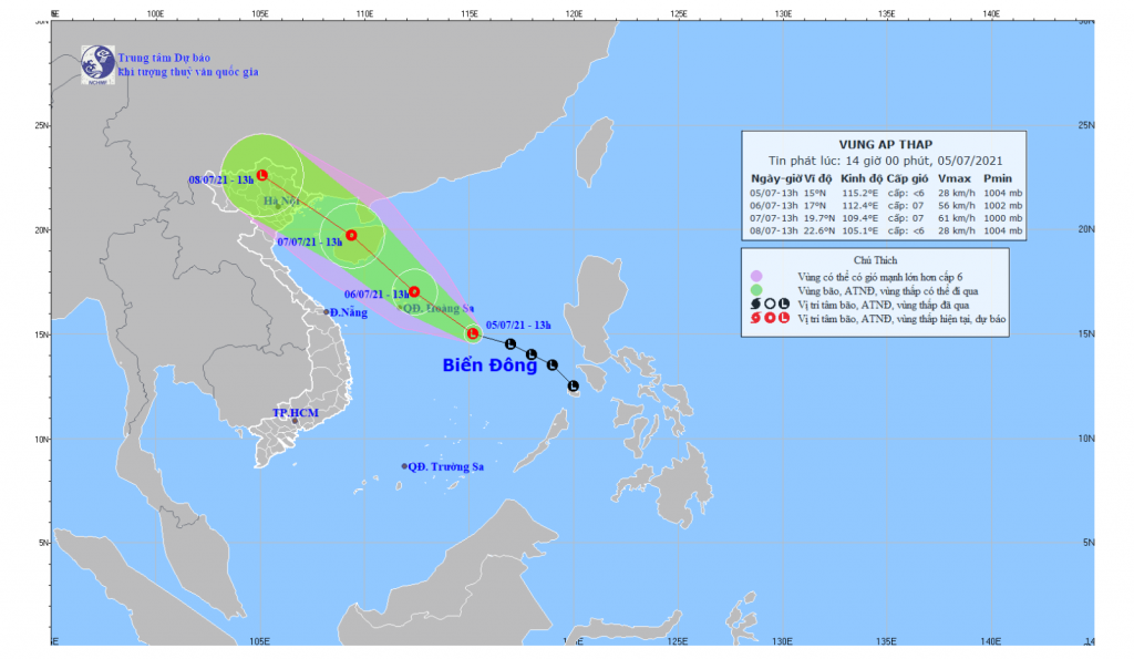 Dự báo vị trí, đường đi của vùng áp thấp/ áp thấp nhiệt đới.
