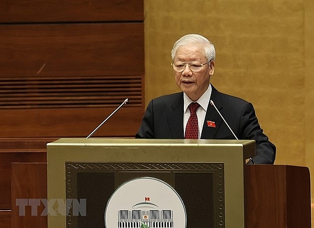 Tổng Bí thư Nguyễn Phú Trọng phát biểu tại phiên khai mạc kỳ họp thứ nhất, Quốc hội khóa XV. (Ảnh: Dương Giang/TTXVN)
