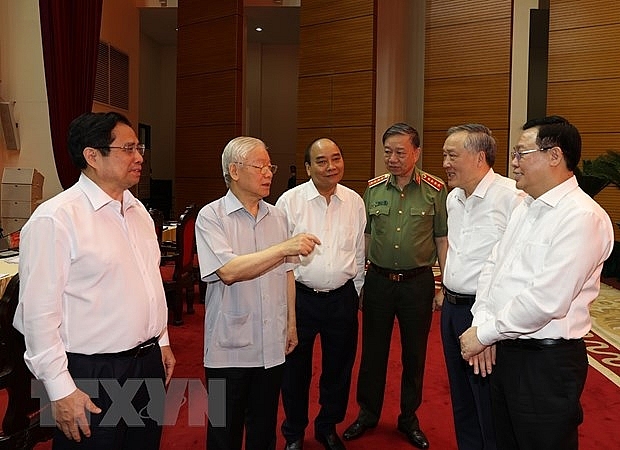 Tổng Bí thư Nguyễn Phú Trọng, các lãnh đạo Đảng, Nhà nước và các đại biểu dự hội nghị. (Ảnh: Trí Dũng/TTXVN)