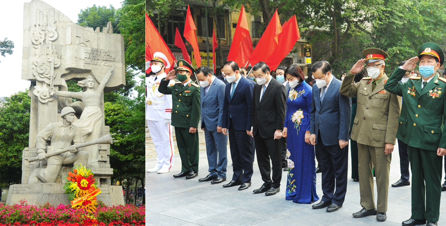  Các đồng chí lãnh đạo TP Hà Nội và đại diện Ban Liên lạc truyền thống Cựu chiến binh Trung đoàn Thủ đô dâng hoa tại Tượng đài “Quyết tử để Tổ quốc quyết sinh”.