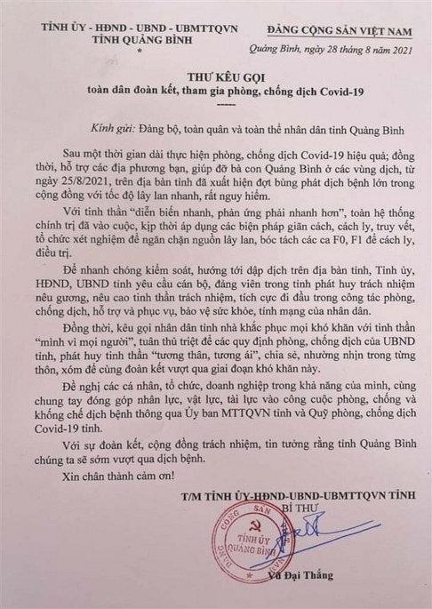 Bí thư Tỉnh uỷ Quảng Bình viết tâm thư kêu gọi toàn dân chống dịch
