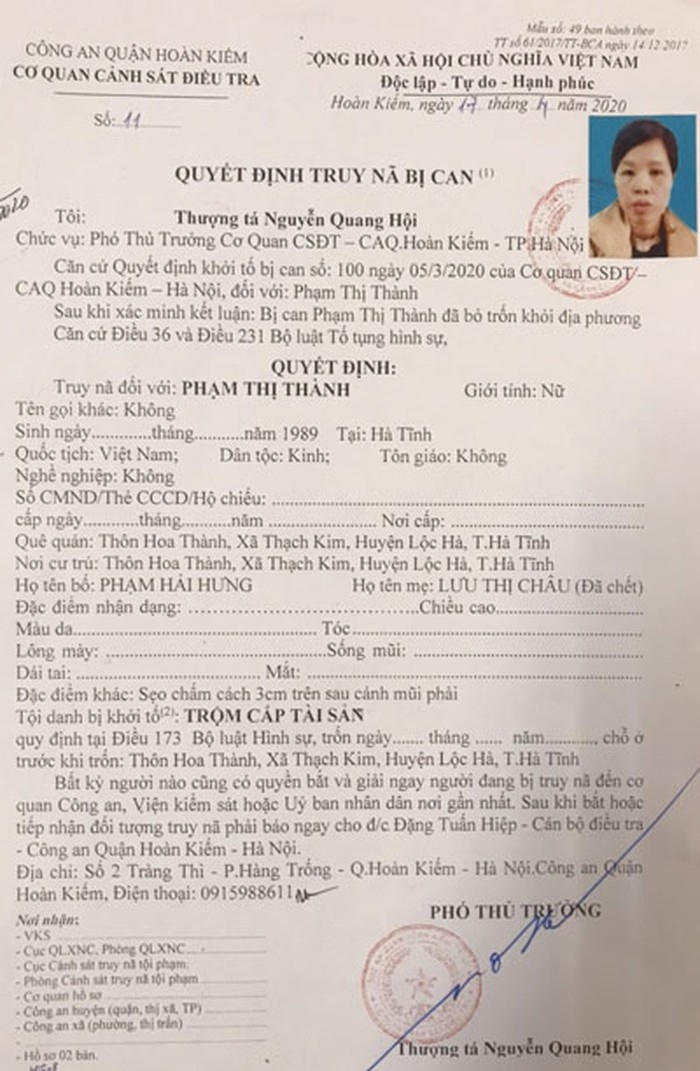 Hà Nội: Người phụ nữ bỏ con dưới hố gas đang bị truy nã về hành vi trộm cắp tài sản ha noi nguoi phu nu bo con duoi ho gas dang bi truy na ve hanh vi trom cap tai san