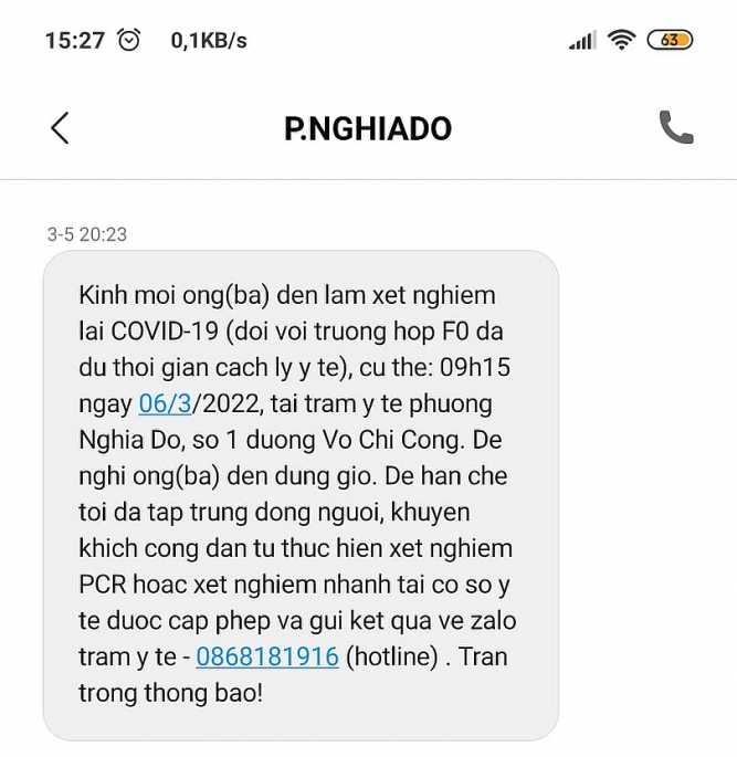 Tin nhắn được gửi tới từng F0 hẹn giờ ra làm các thủ tục liên quan nếu trước đó đã thực hiện khai báo 