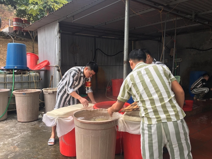 Các phạm nhân đang làm đậu phụ cung cấp cho bếp ăn trong trại giam Vĩnh Quang  
