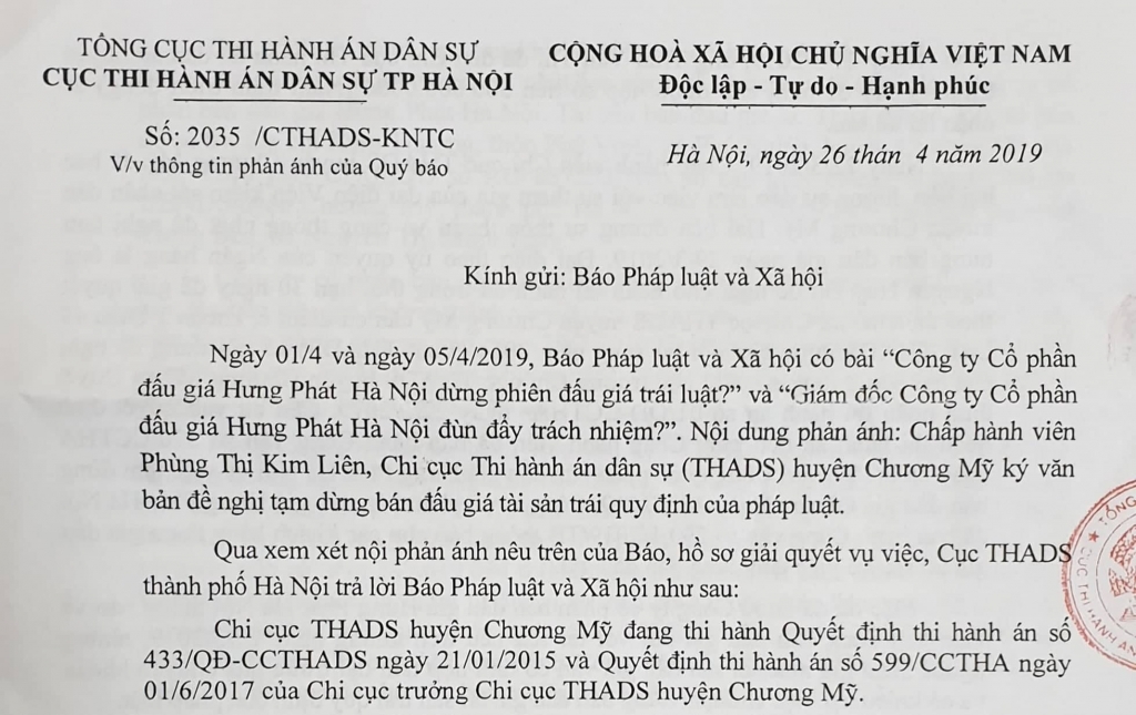 Cục Thi hành án dân sự TP Hà Nội nói gì?