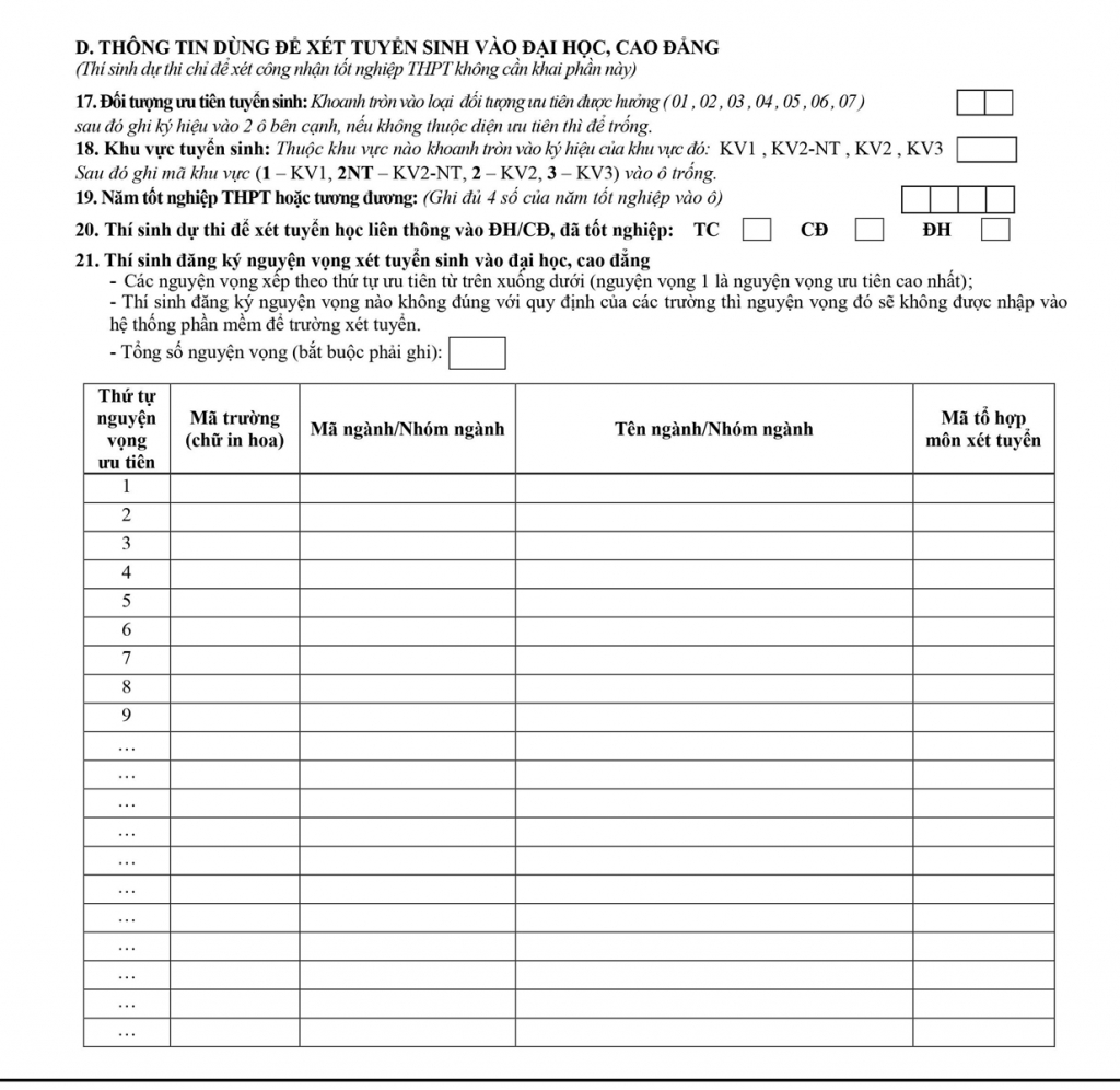 thong nhat phieu dang ky du thi tot nghiep thpt va xet tuyen dh cd