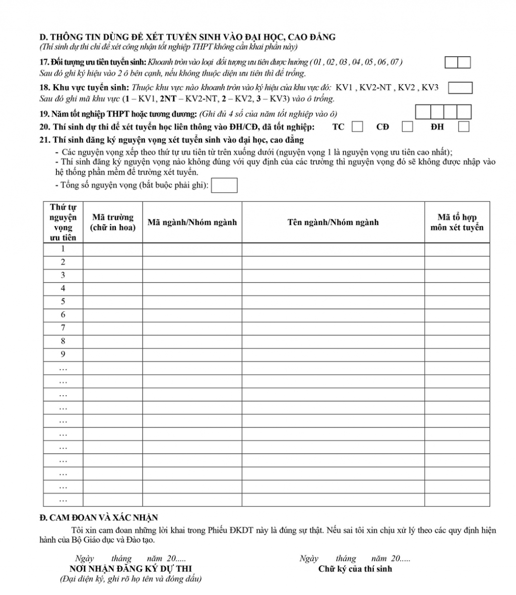 thong nhat phieu dang ky du thi tot nghiep thpt va xet tuyen dh cd
