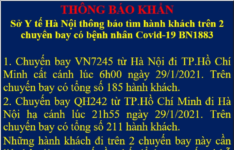 Hà Nội: Tìm khẩn cấp hành khách cùng chuyến bay với bệnh nhân Covid-19 số 1883