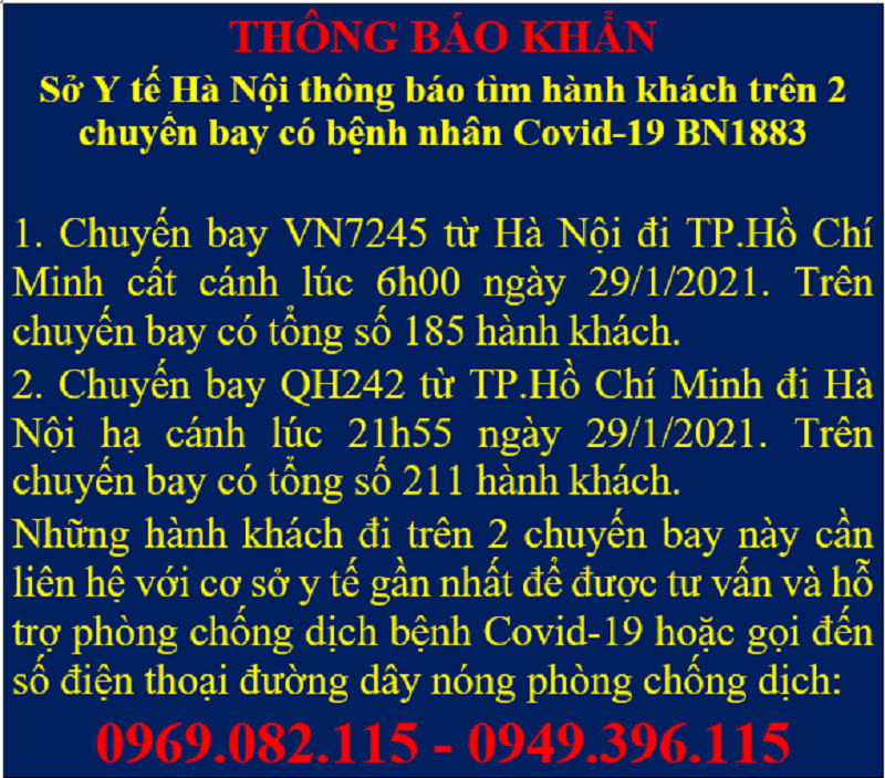 Hà Nội: Tìm khẩn cấp hành khách cùng chuyến bay với bệnh nhân Covid-19 số 1883