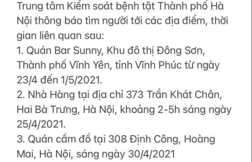 Hà Nội tìm người đến các điểm liên quan tới bệnh nhân Covid-19