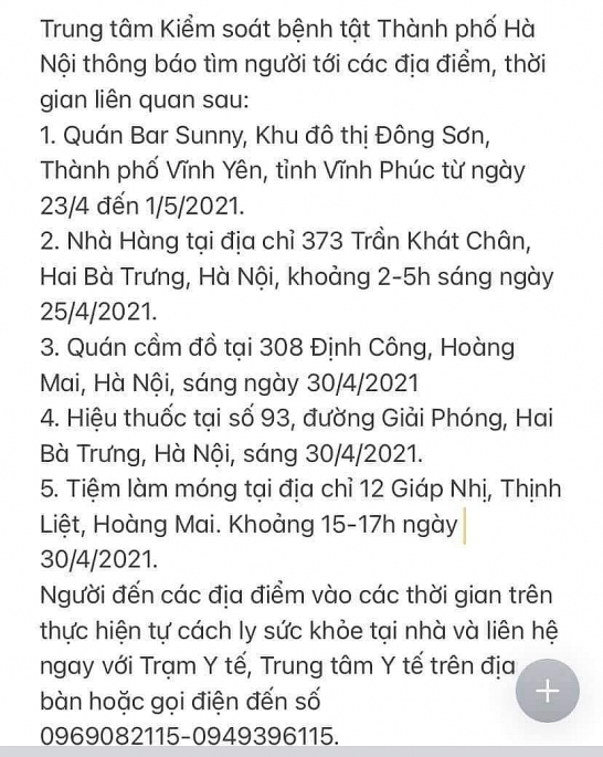 Hà Nội tìm người đến các điểm liên quan tới bệnh nhân Covid-19