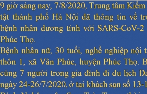 Hà Nội ghi nhận ca dương tính với SARS-CoV-2 tại Phúc Thọ