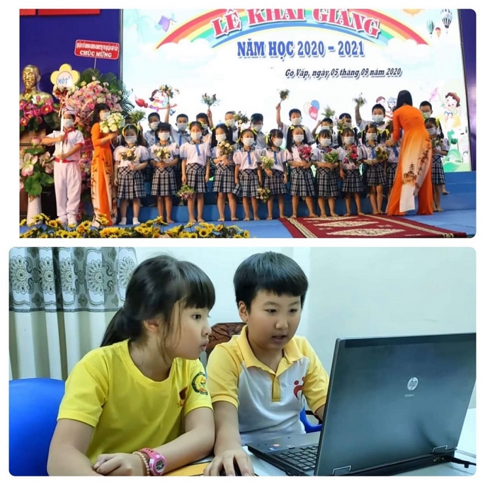 Học sinh trường tiểu học Lê Đức Thọ, quận Gò Vấp xem khai giảng năm học mới