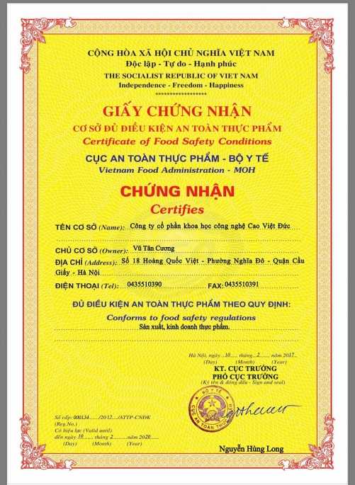 Cty CP công nghệ cao Việt Đức bị thu hồi Giấy chứng nhận cơ sở đủ điều kiện ATTP cty cp cong nghe cao viet duc bi thu hoi giay chung nhan co so du dieu kien attp